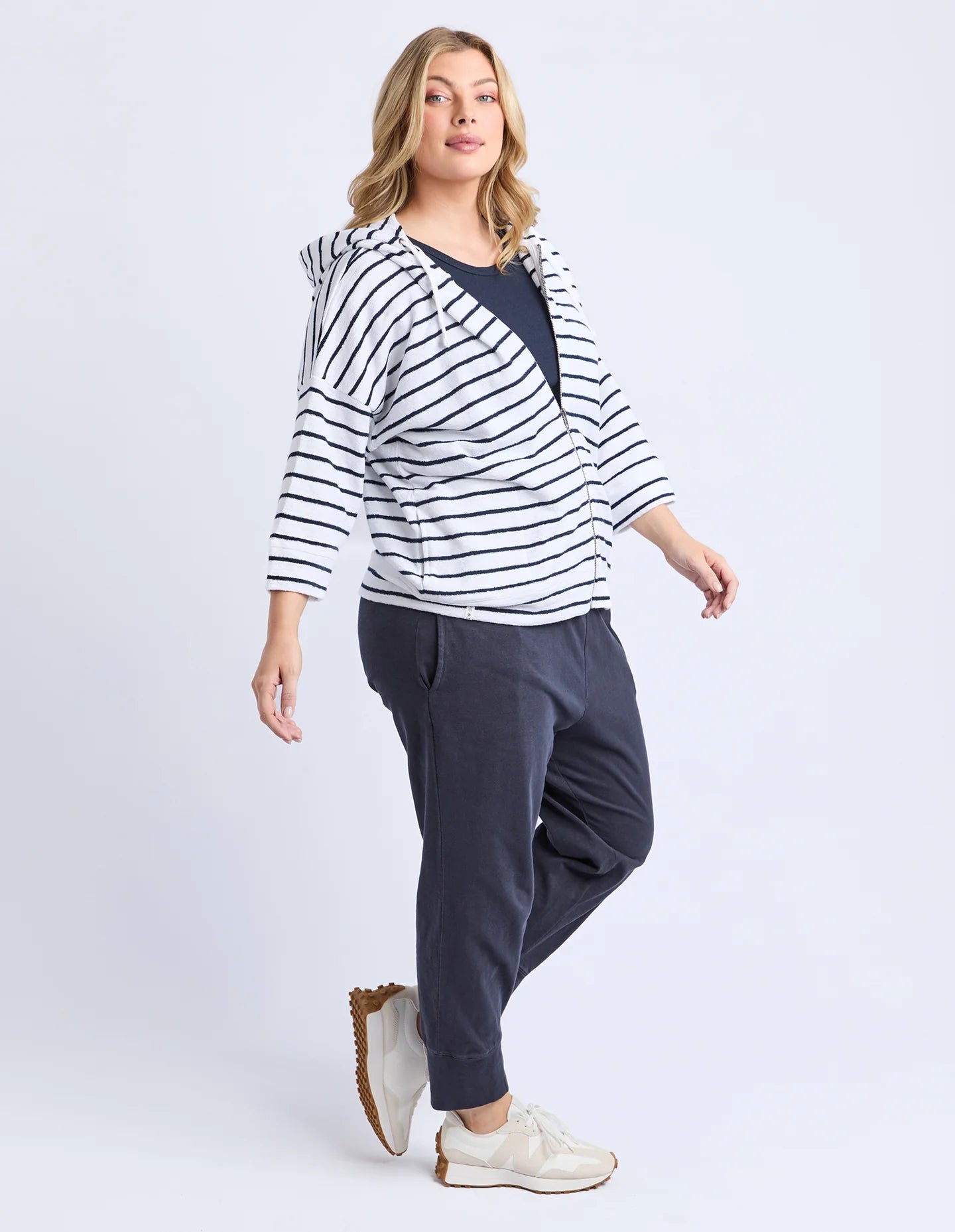 Beachy Zip Hoodie - White with Navy Stripe