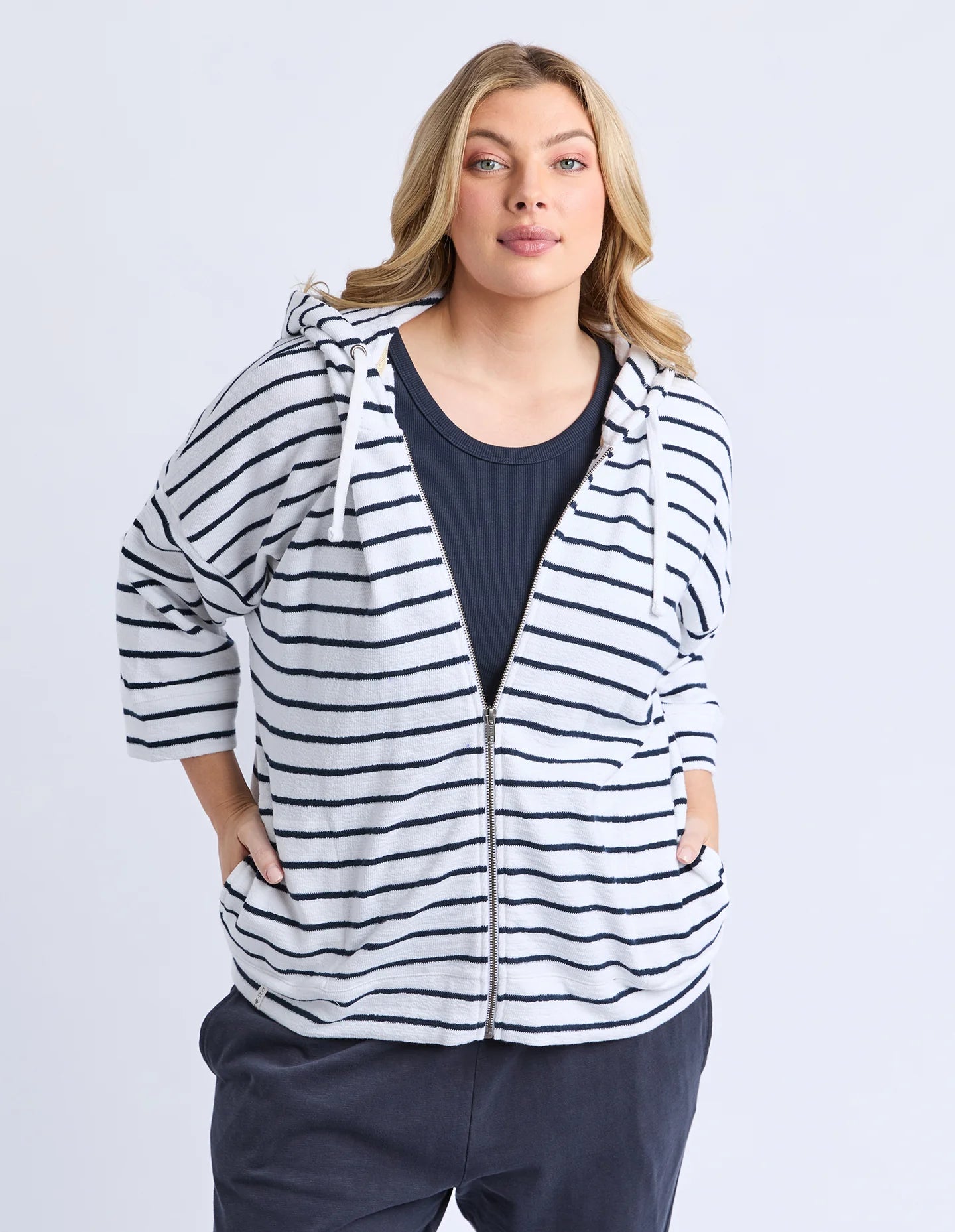 Beachy Zip Hoodie - White with Navy Stripe