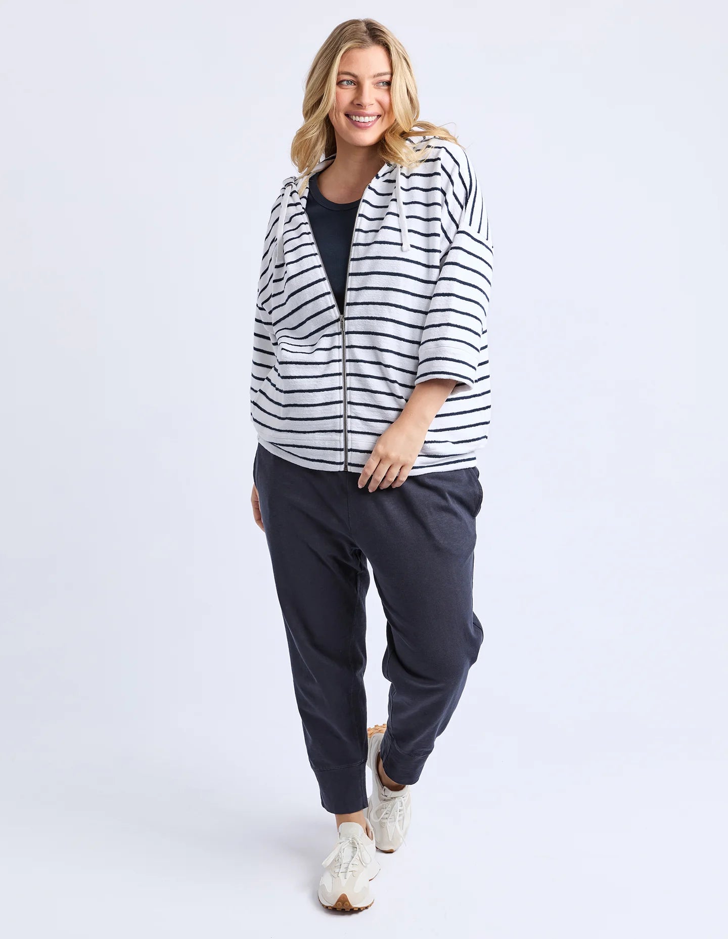 Beachy Zip Hoodie - White with Navy Stripe