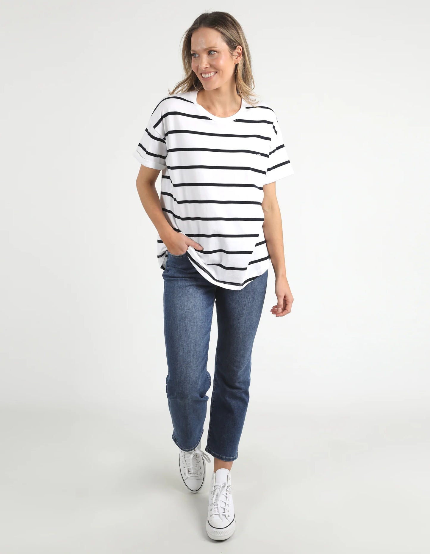 Halli Short Sleeve Tee - White + Navy Stripe