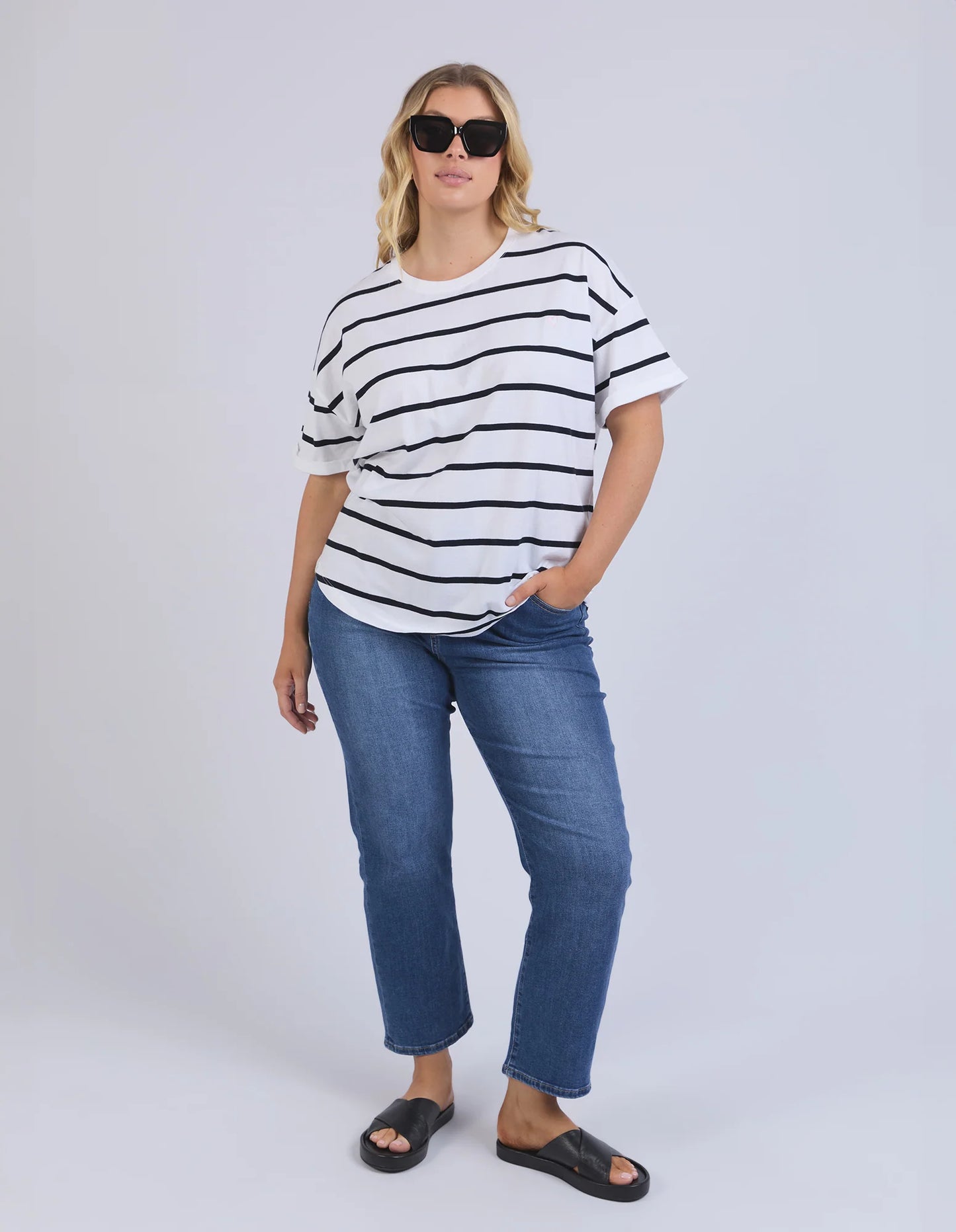Halli Short Sleeve Tee - White + Navy Stripe