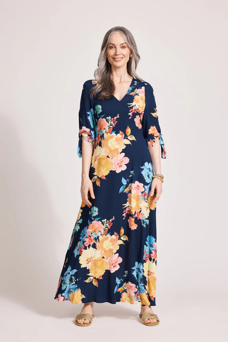 Parisio Tie Maxi Dress - Indigo Bloom
