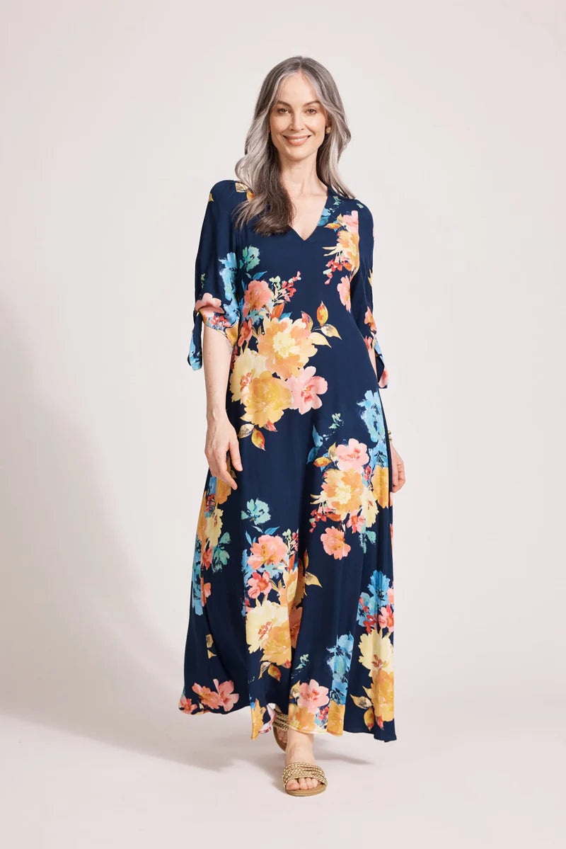 Parisio Tie Maxi Dress - Indigo Bloom