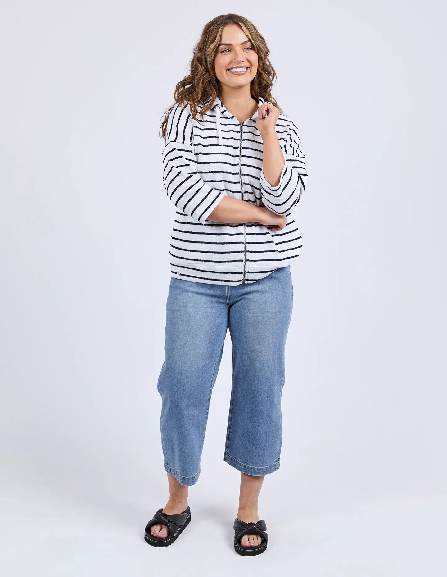 Beachy Zip Hoodie - White with Navy Stripe