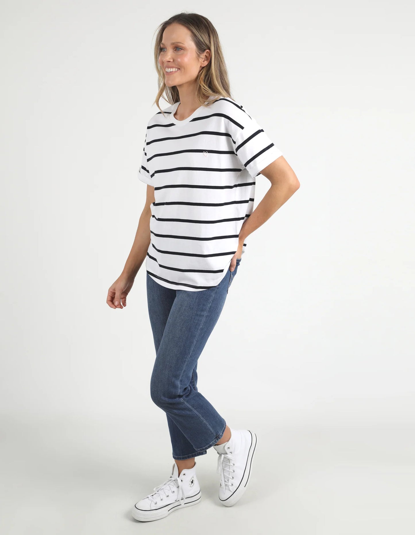 Halli Short Sleeve Tee - White + Navy Stripe