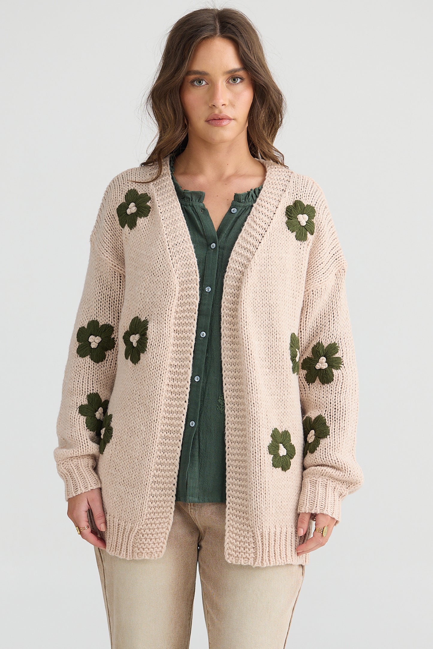 Flower Child Cardi - Natural w/ Green
