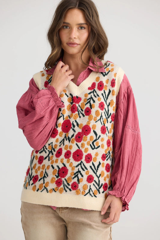 Flower Child V Neck Vest - Off White w Floral