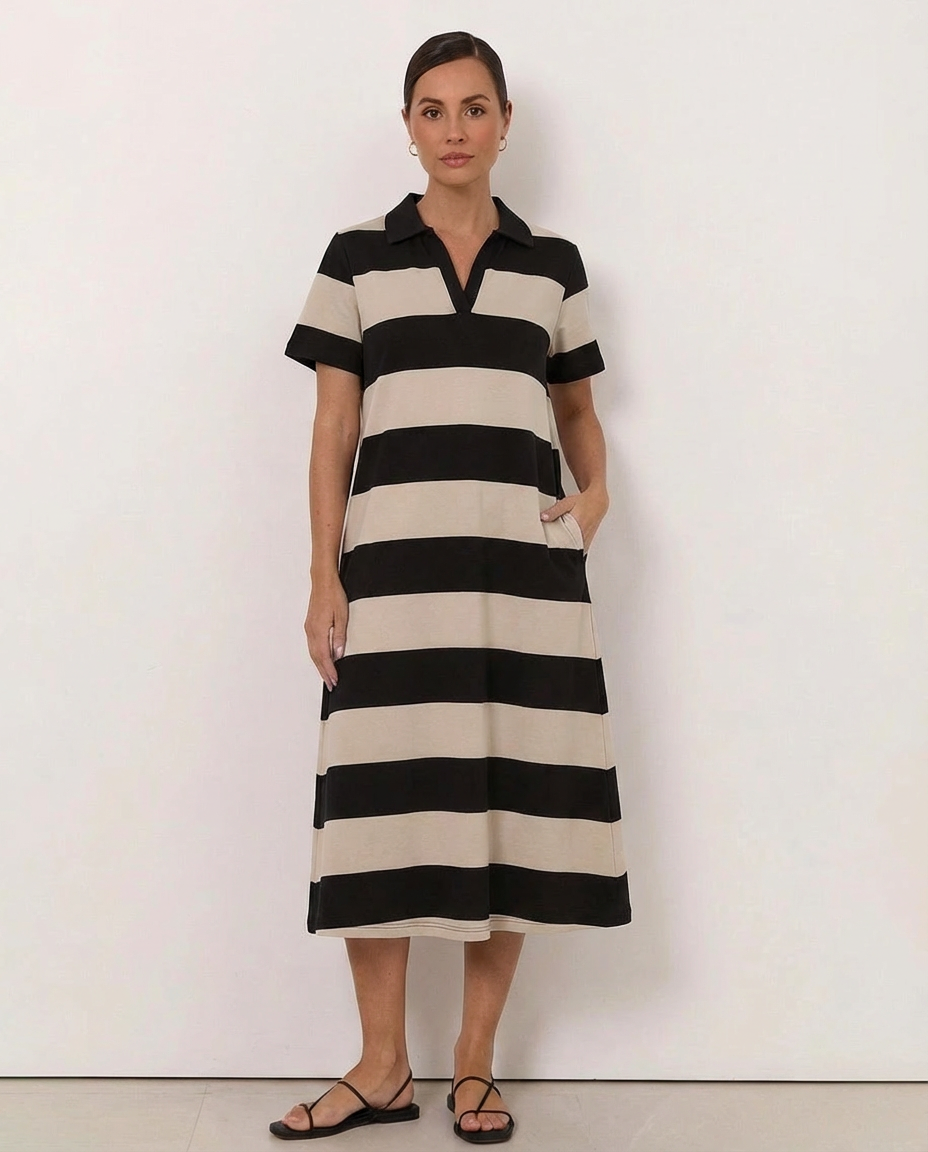 Polo Stripe Dress - Black + Dove Stripe