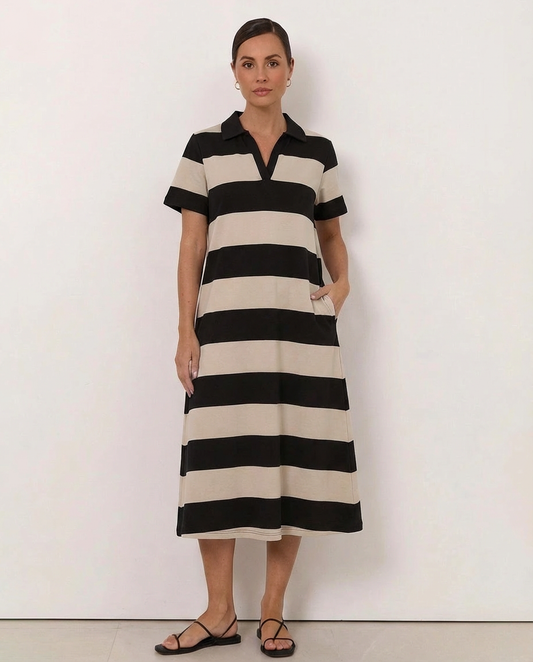 Polo Stripe Dress - Black + Dove Stripe