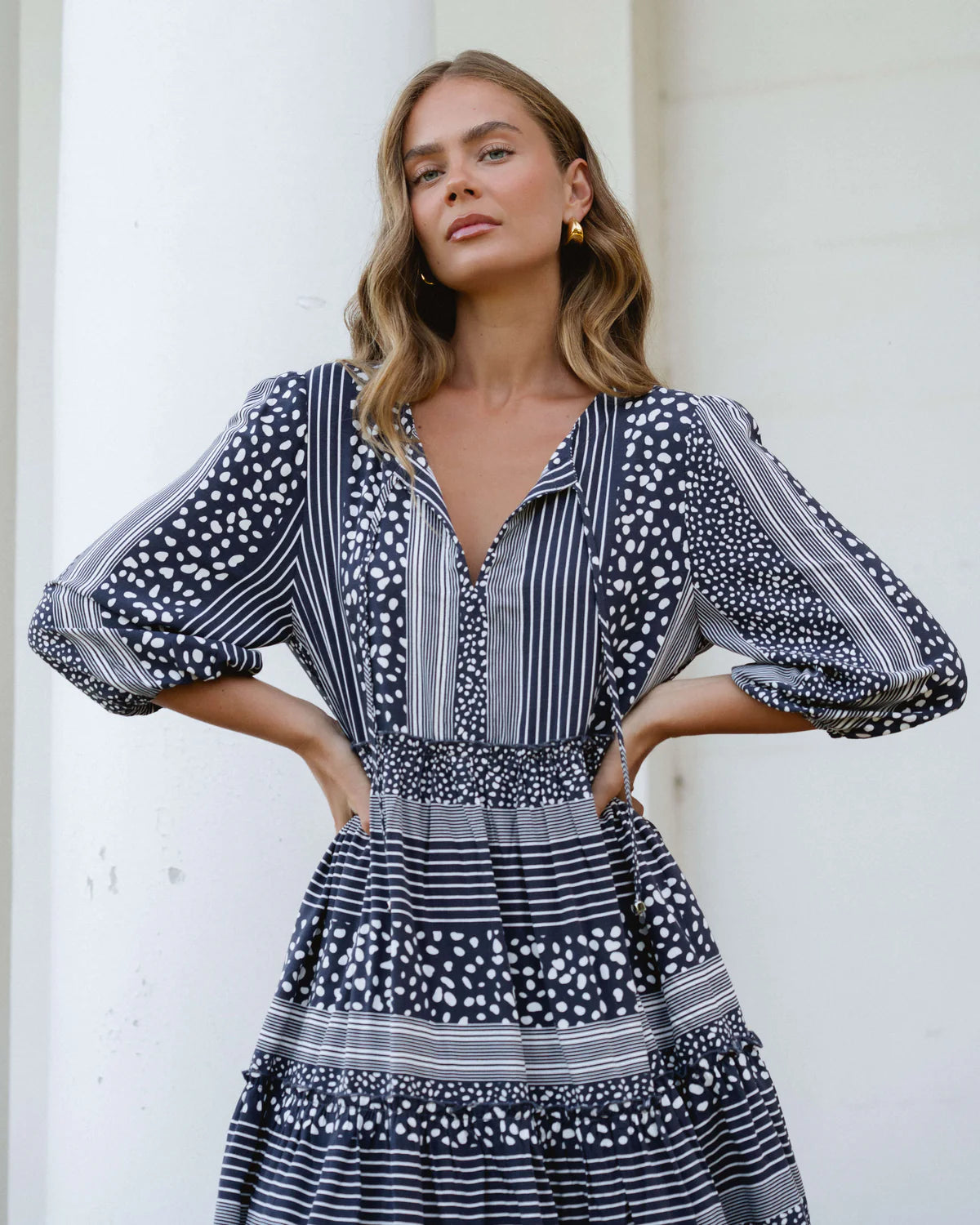 Spots & Stripes Dress - Blue and White