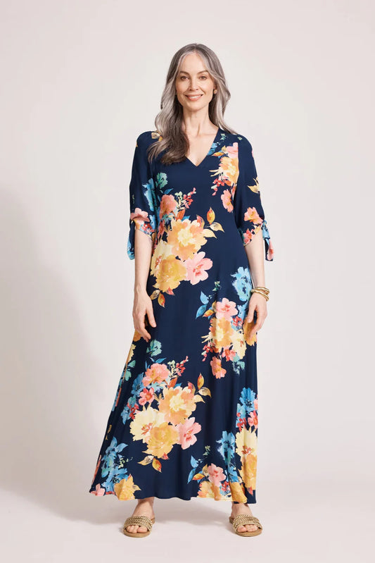 Parisio Tie Maxi Dress - Indigo Bloom