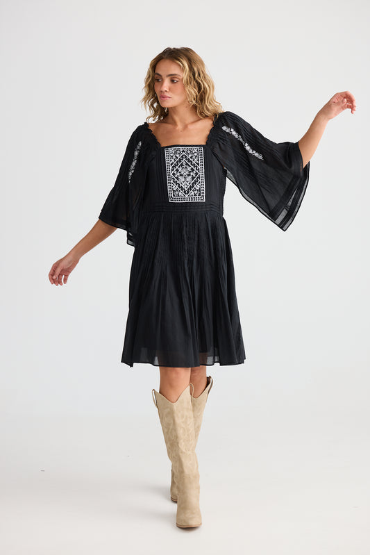 Ballina Mini Dress - Black w/ White Embroidery