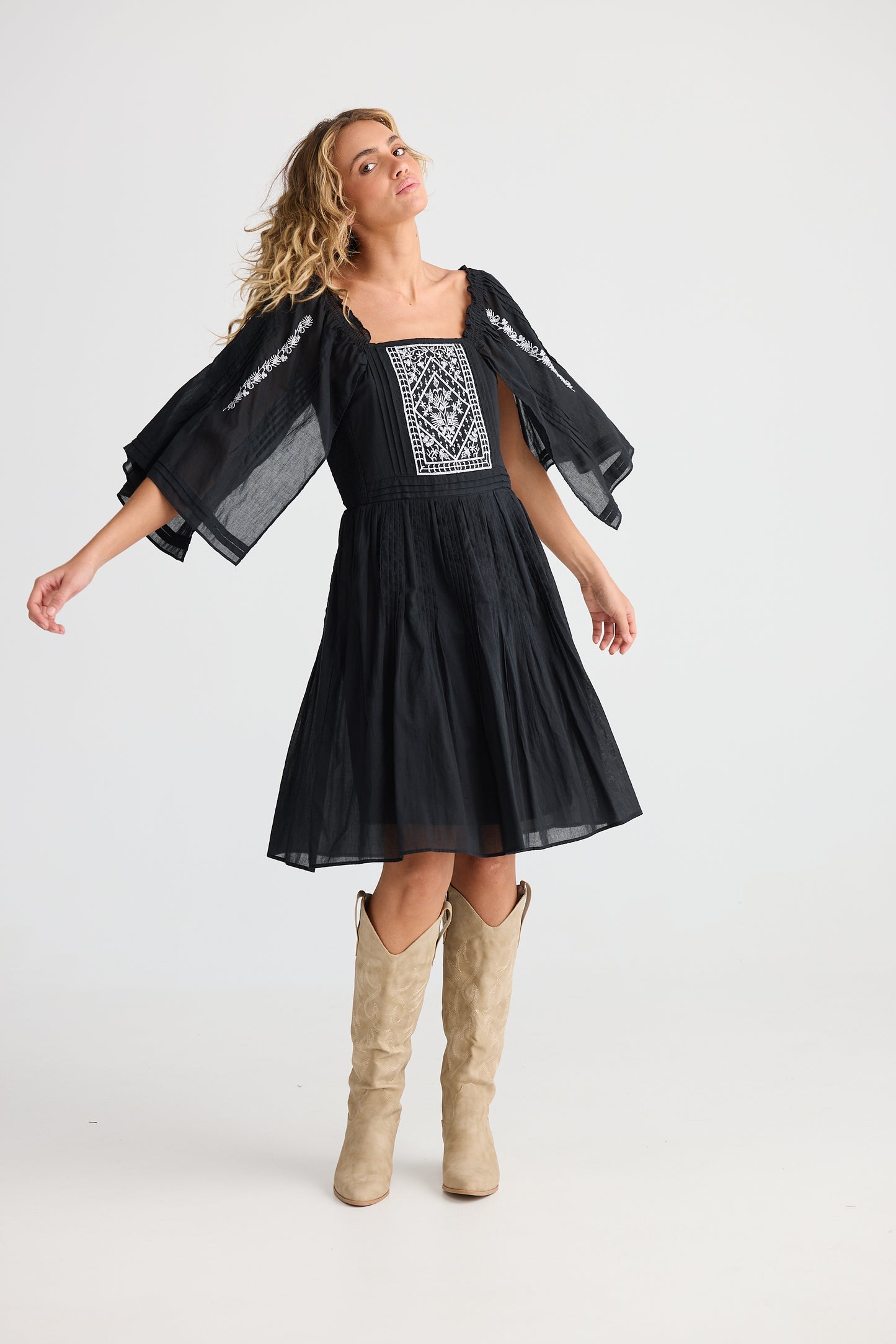 Ballina Mini Dress - Black w/ White Embroidery