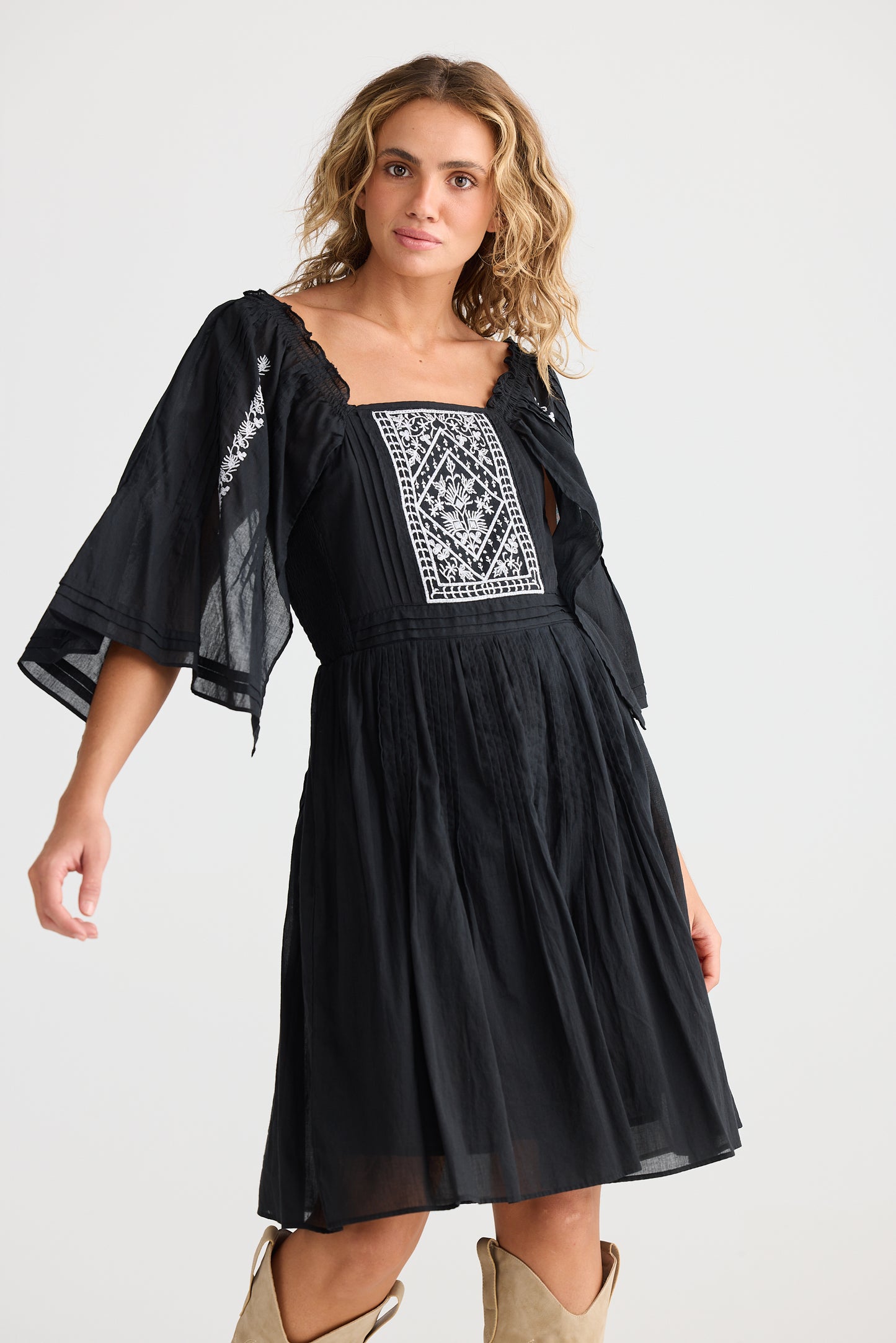 Ballina Mini Dress - Black w/ White Embroidery