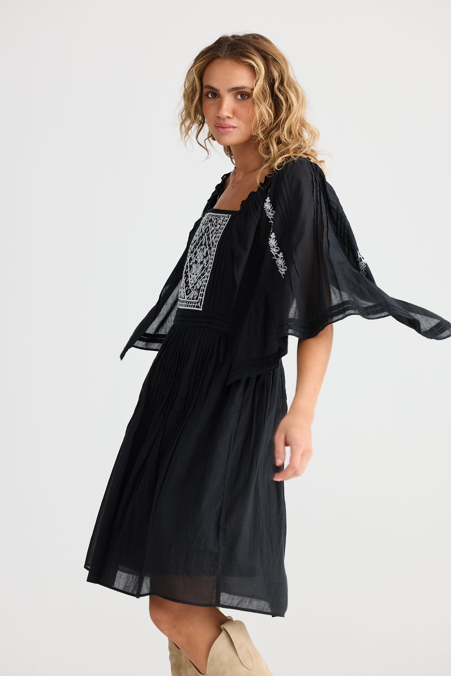 Ballina Mini Dress - Black w/ White Embroidery