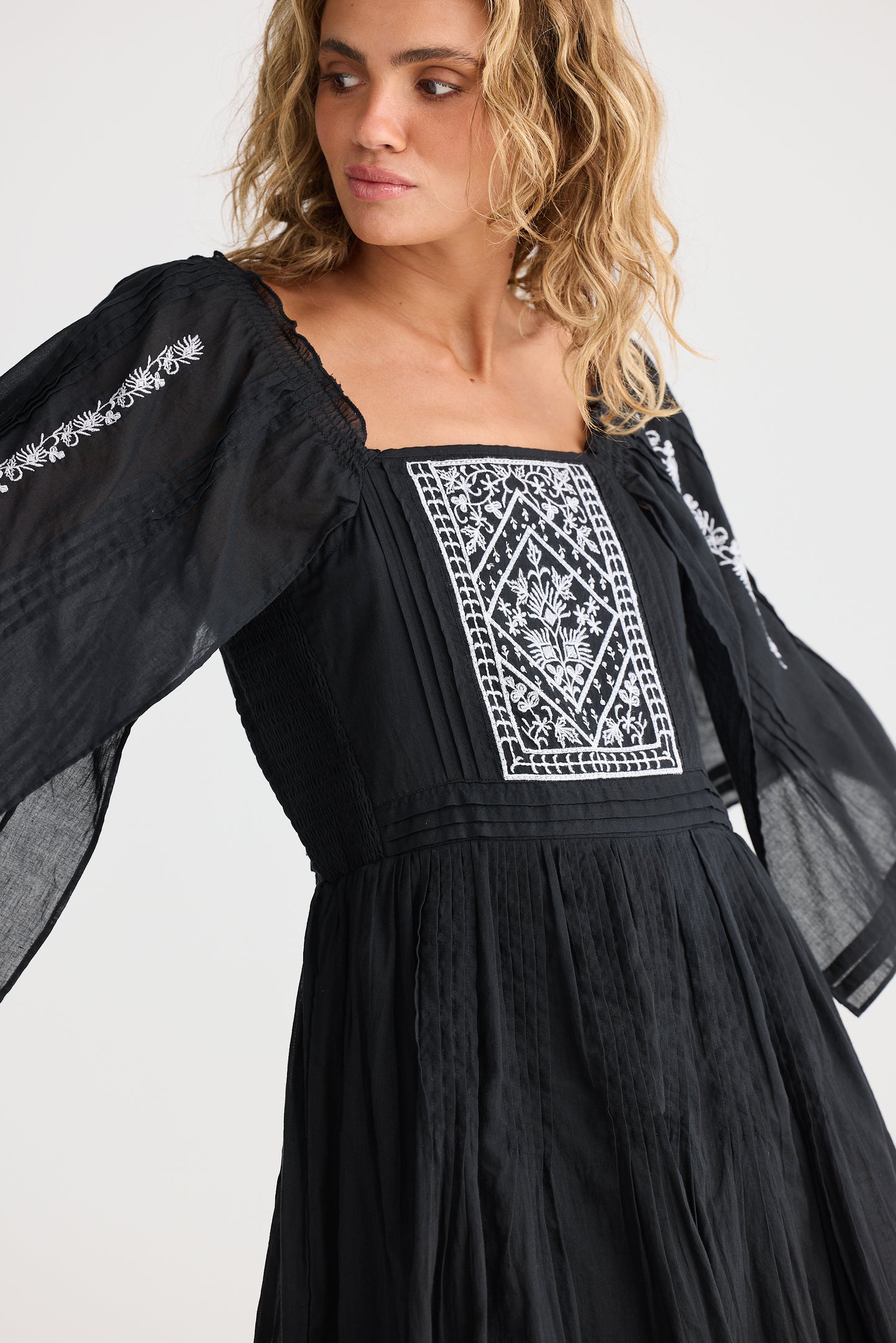 Ballina Mini Dress - Black w/ White Embroidery