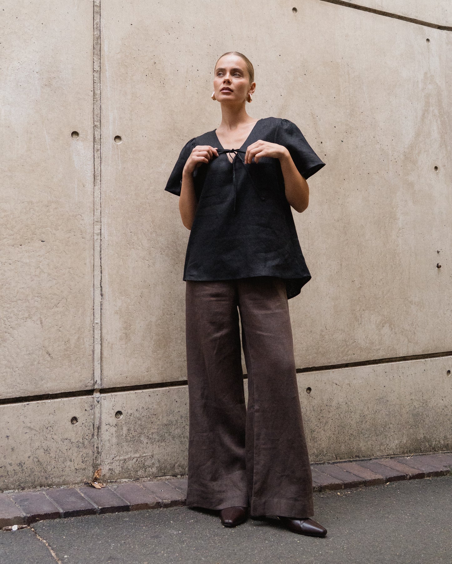 Tie Front Short Sleeve Top - Black