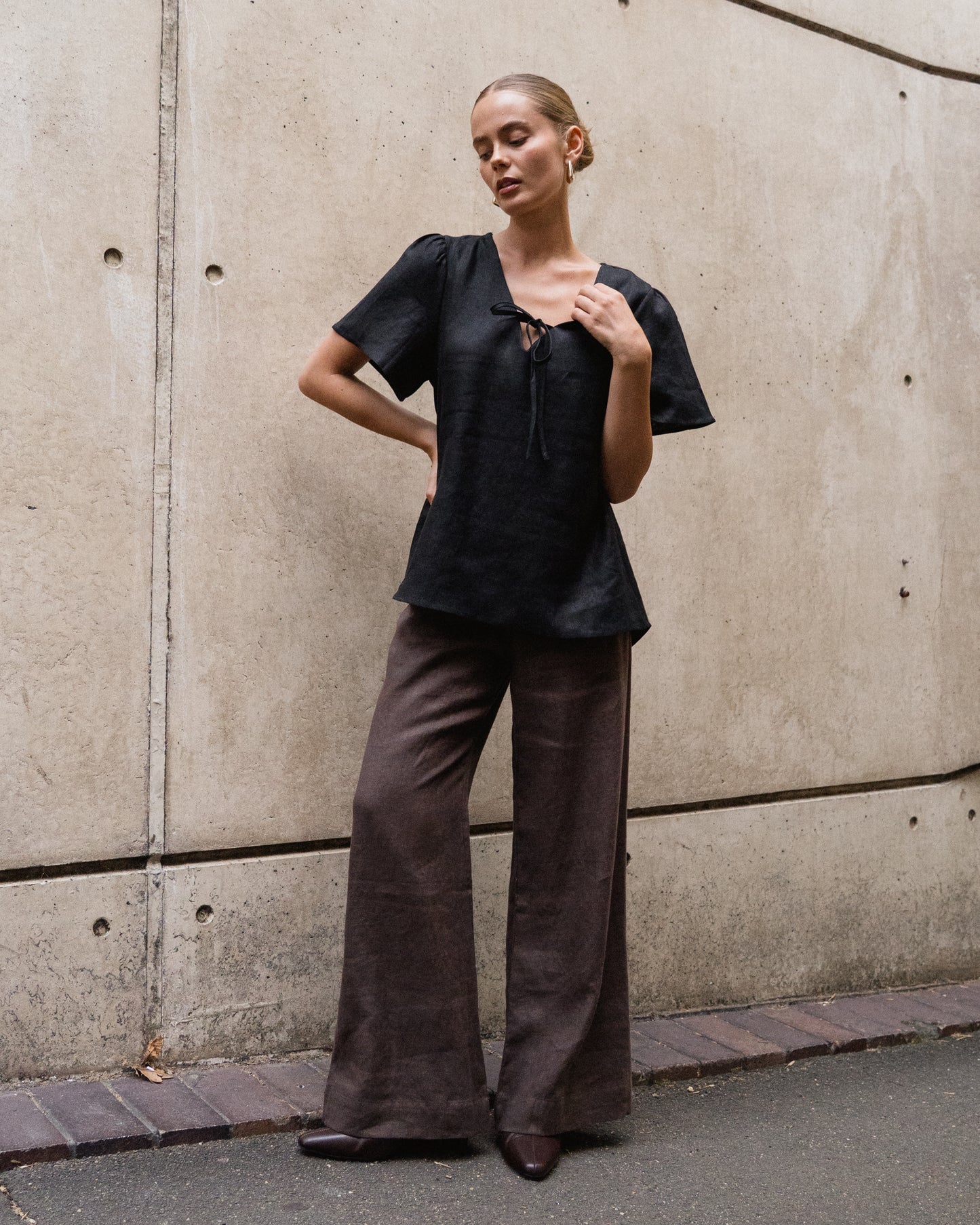 Tie Front Short Sleeve Top - Black