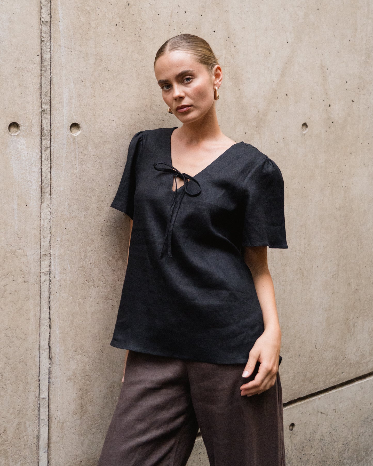 Tie Front Short Sleeve Top - Black