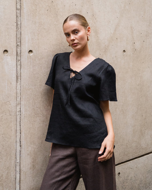 Tie Front Short Sleeve Top - Black