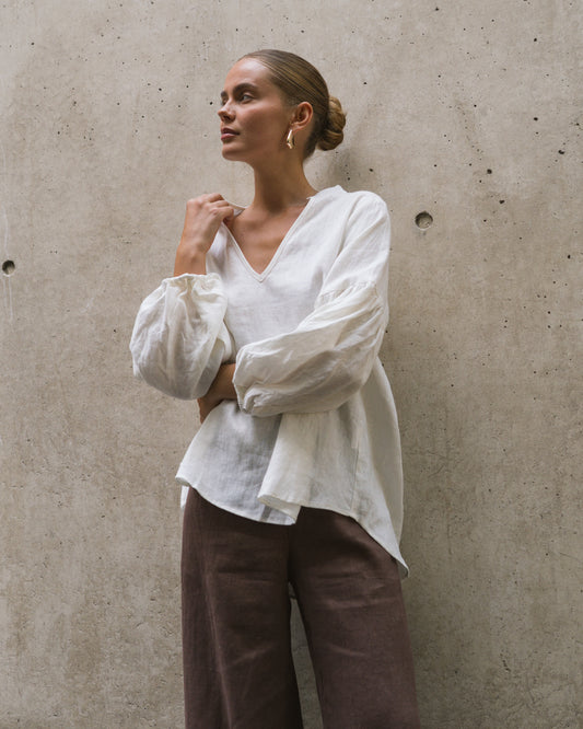 V Neck Puff Sleeve Top- White Linen