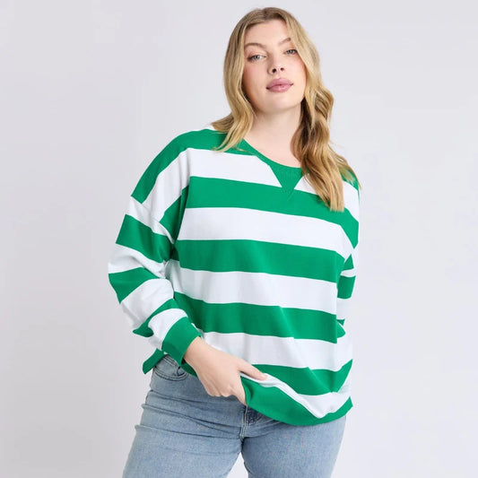 Billie Block Stripe Crew - Pine Green/ White Stripe