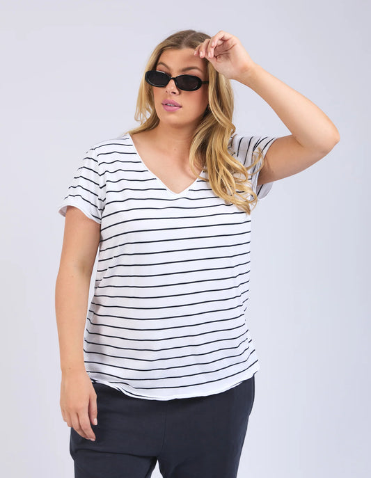 Pima Vee Tee - White with Navy Stripe