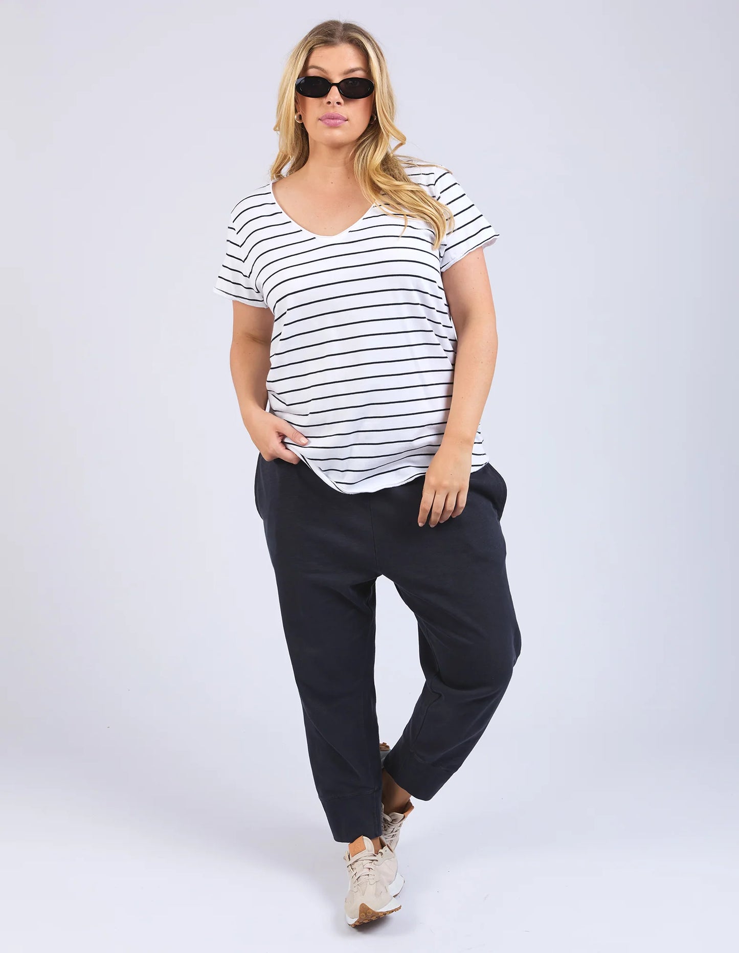 Pima Vee Tee - White with Navy Stripe