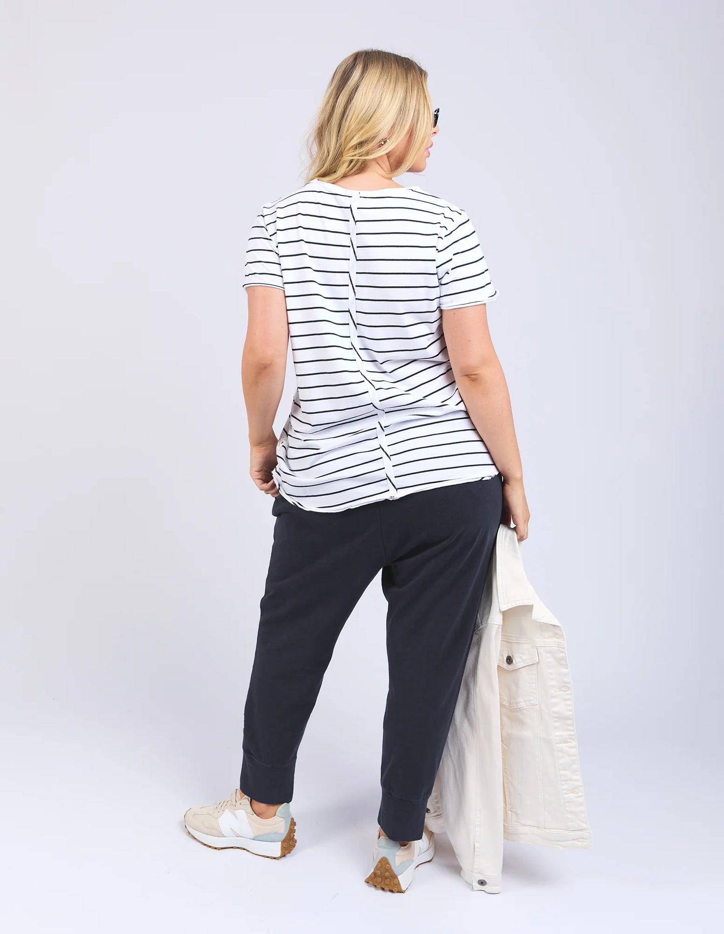 Pima Vee Tee - White with Navy Stripe