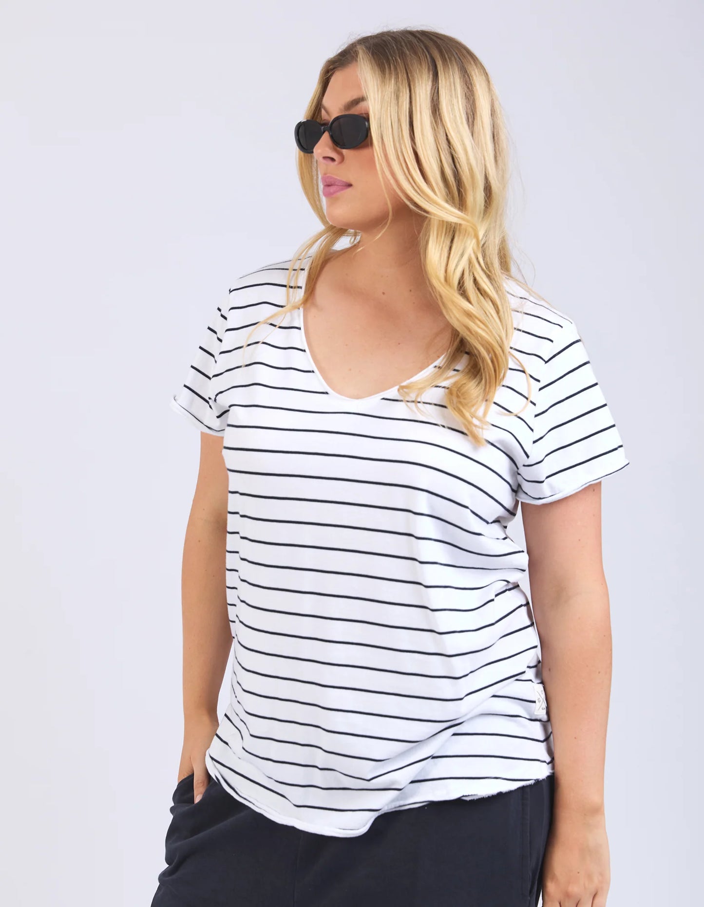 Pima Vee Tee - White with Navy Stripe