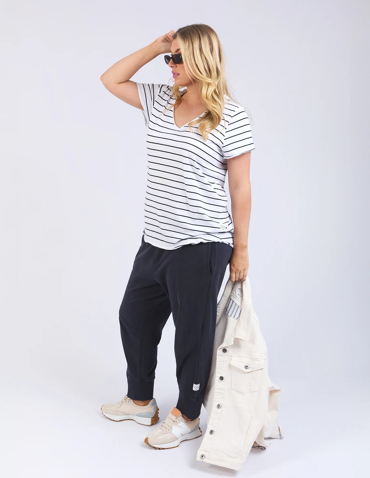 Pima Vee Tee - White with Navy Stripe