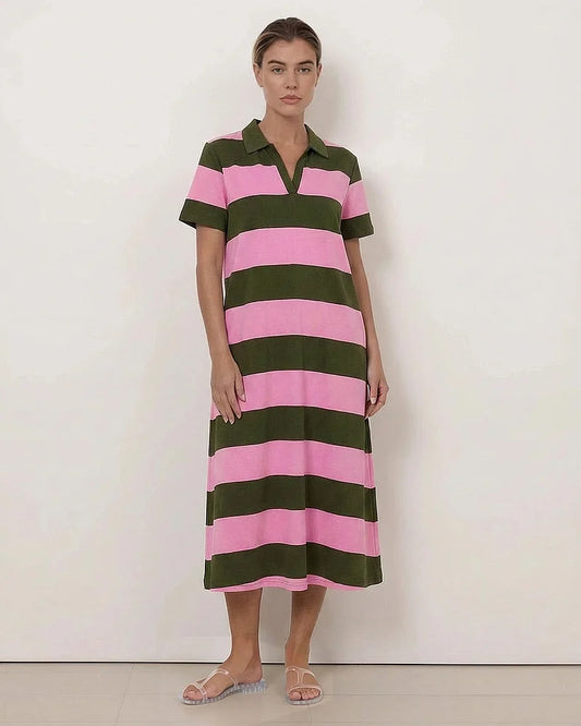 Polo Stripe Dress - Pink & Khaki Stripe