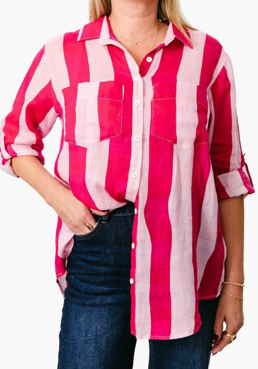 Christina Linen Stripe Shirt - Pink/ Berry Red Stripe