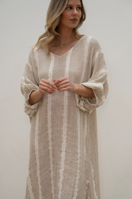 Rosa Elasticated Sleeves Kaftan - Natural White w Gold Strand