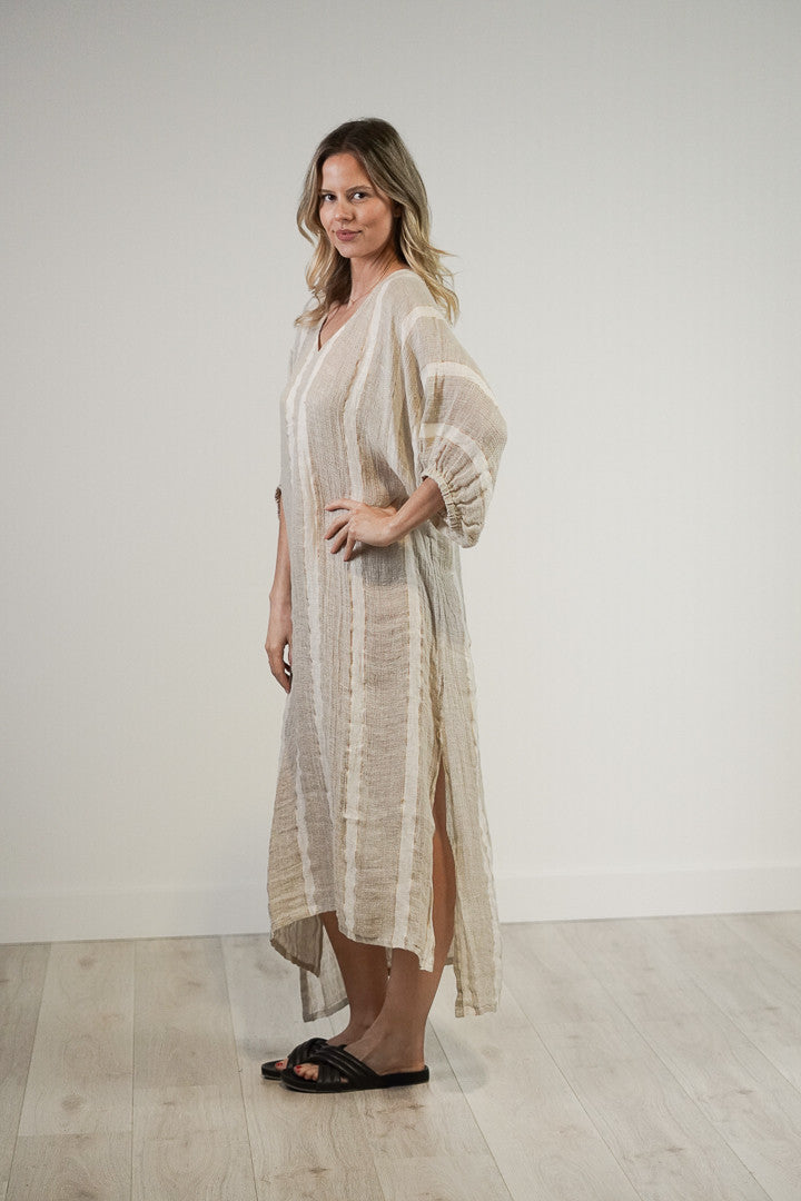 Rosa Elasticated Sleeves Kaftan - Natural White w Gold Strand