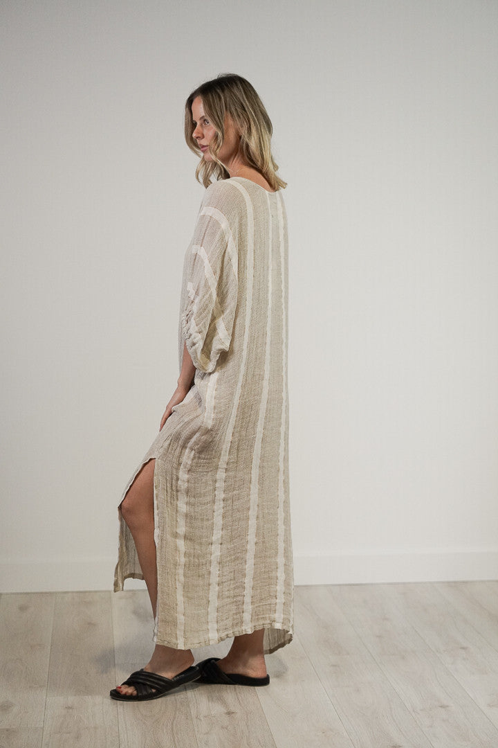 Rosa Elasticated Sleeves Kaftan - Natural White w Gold Strand