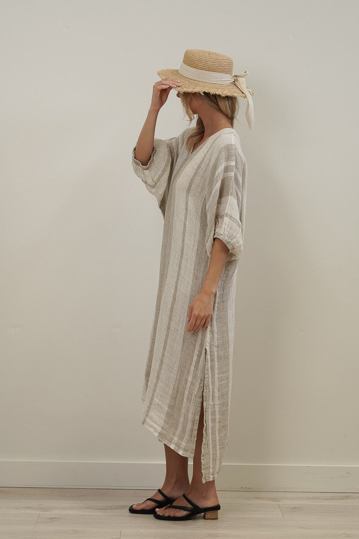 Rosa Elasticated Sleeve Kaftan - Natural Stripey