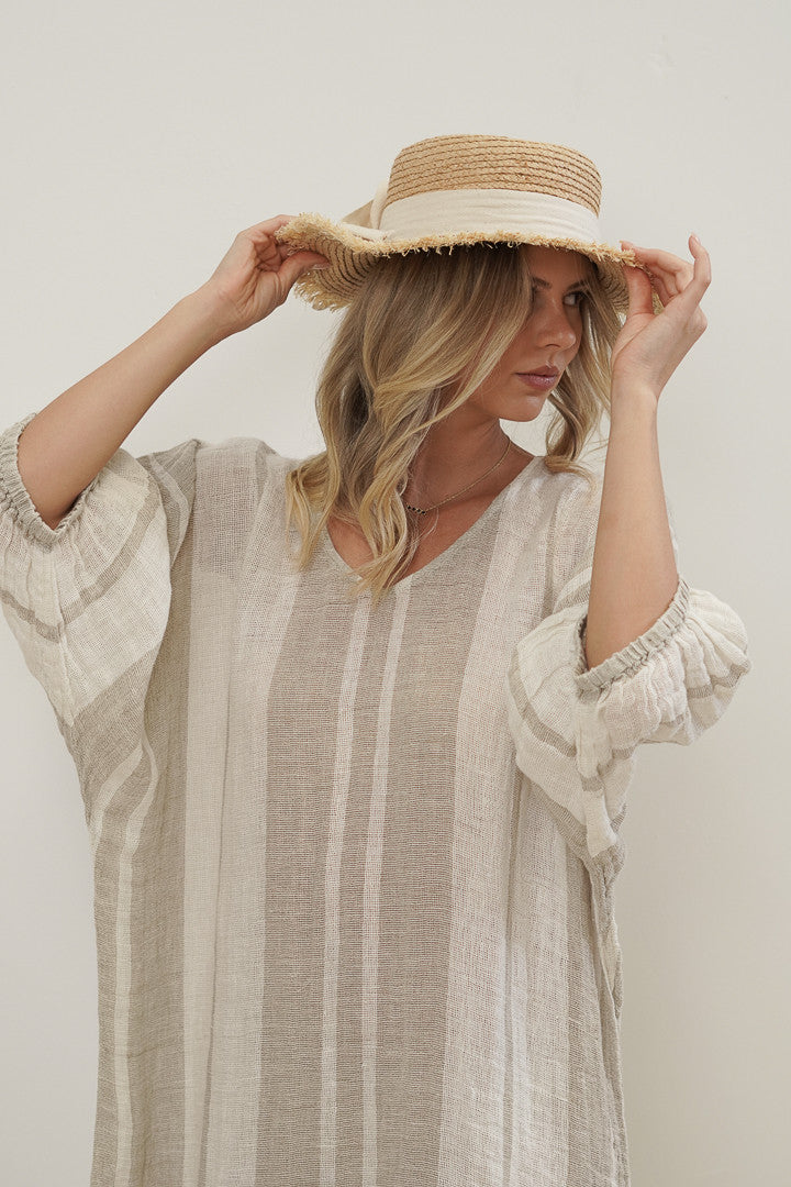 Rosa Elasticated Sleeve Kaftan - Natural Stripey