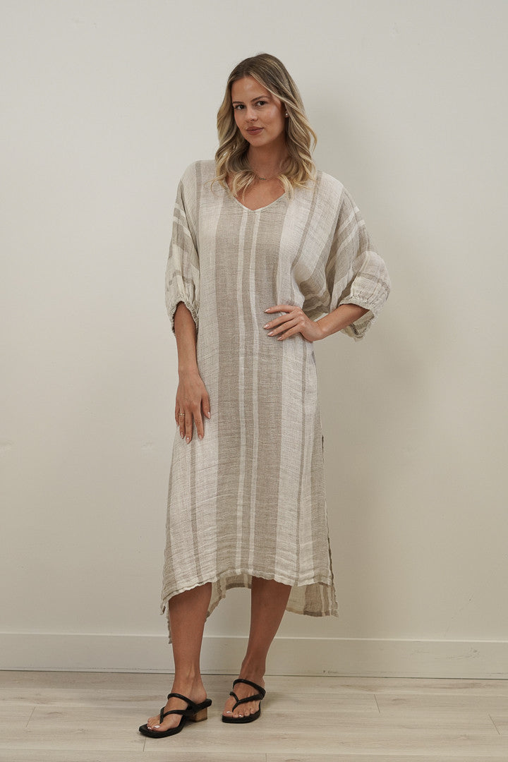 Rosa Elasticated Sleeve Kaftan - Natural Stripey