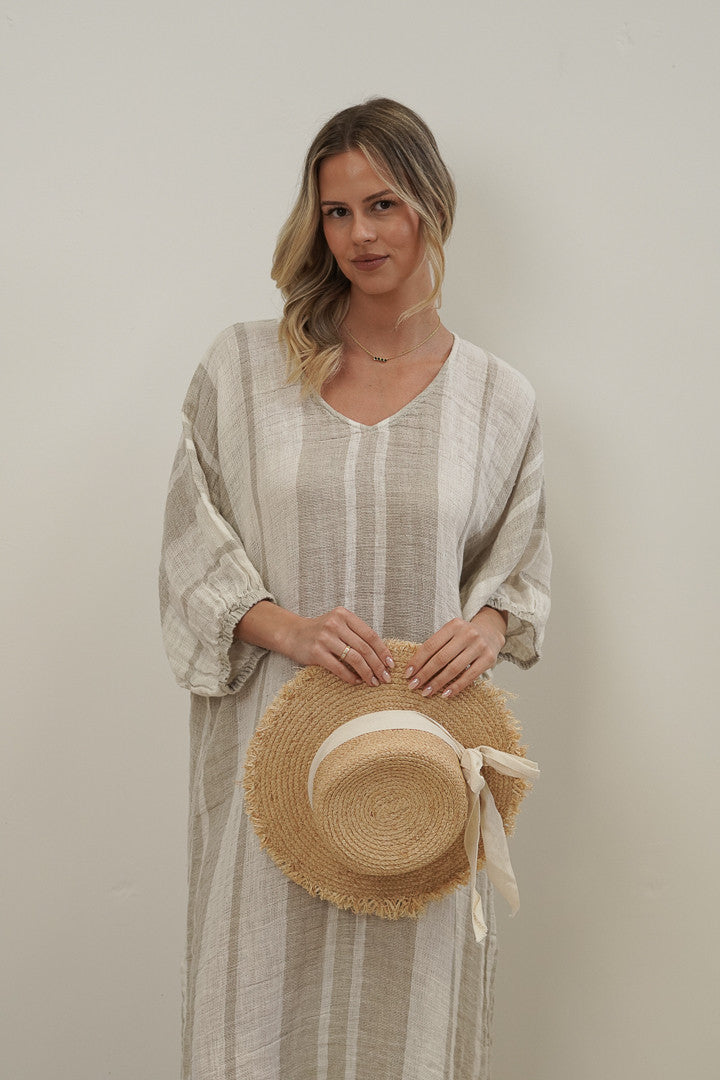 Rosa Elasticated Sleeve Kaftan - Natural Stripey