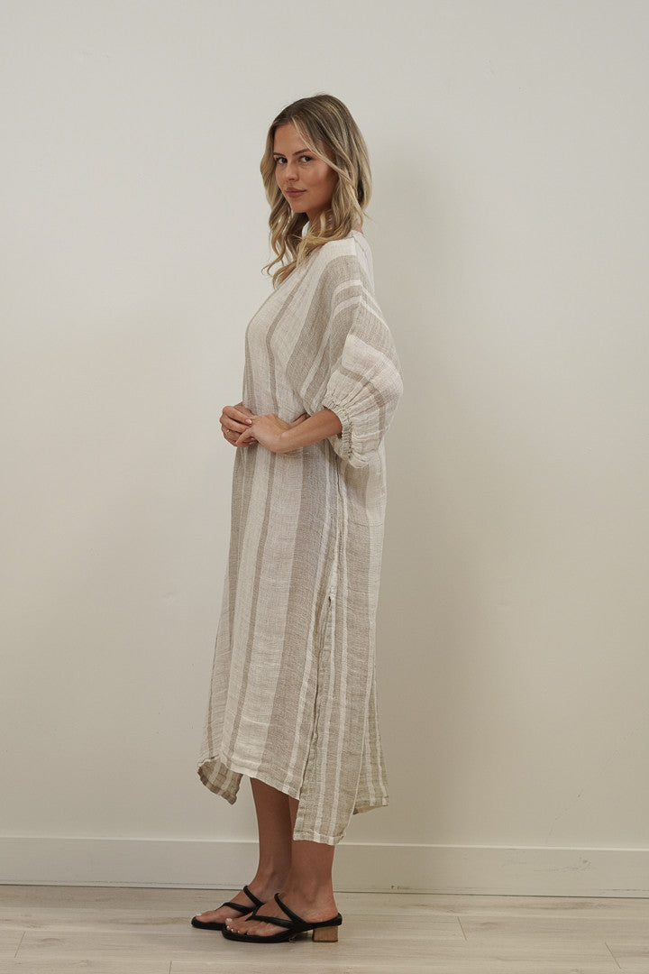 Rosa Elasticated Sleeve Kaftan - Natural Stripey
