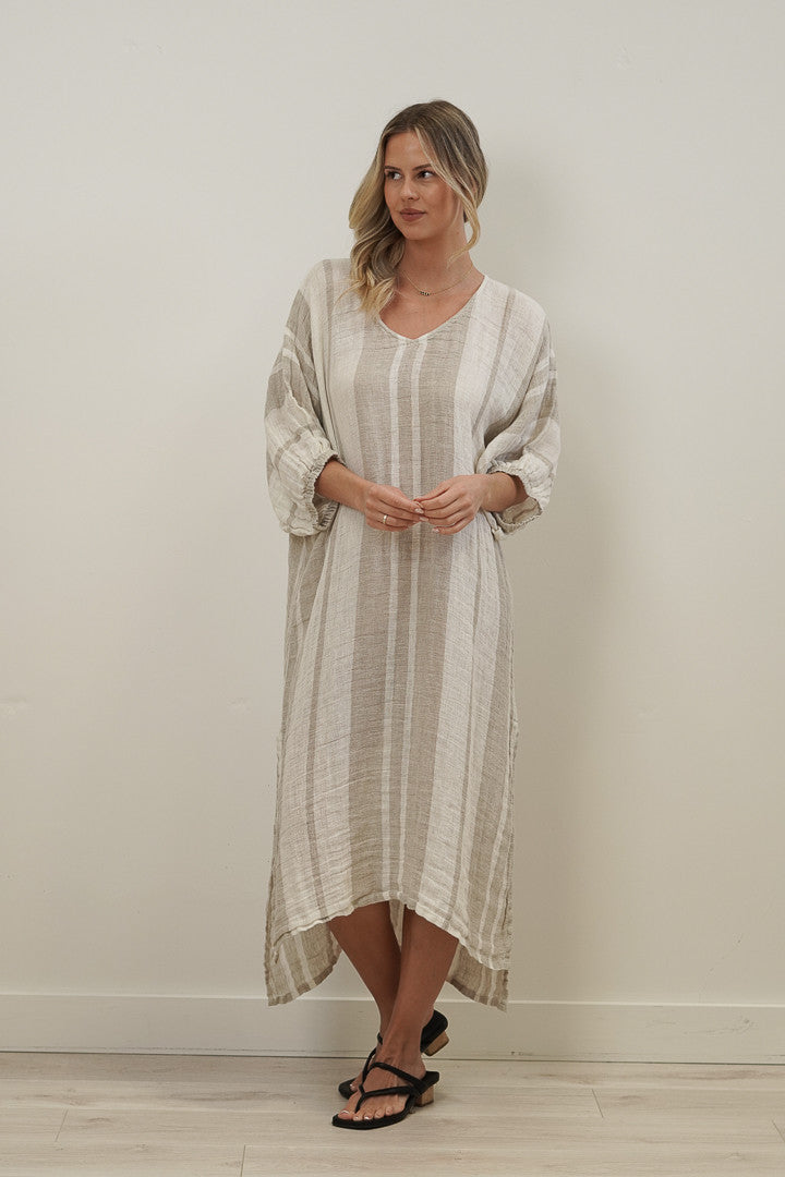 Rosa Elasticated Sleeve Kaftan - Natural Stripey